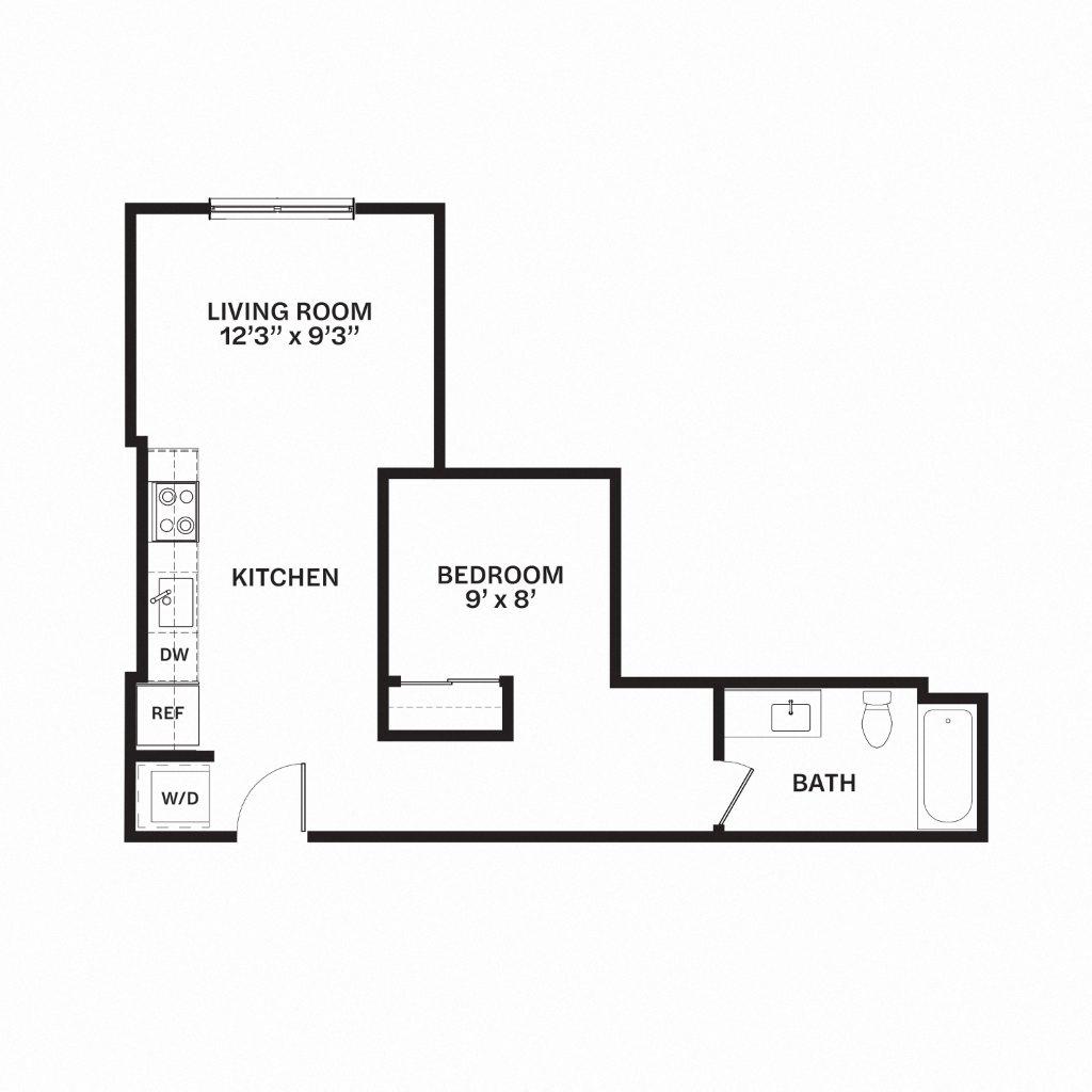 Floor plan for 1 bed, 1 bath, 558 sqft